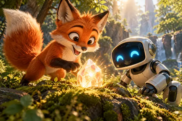 Animated fox and friendly robot discovering a glowing crystal in a sunlit forest, expressive character scene.