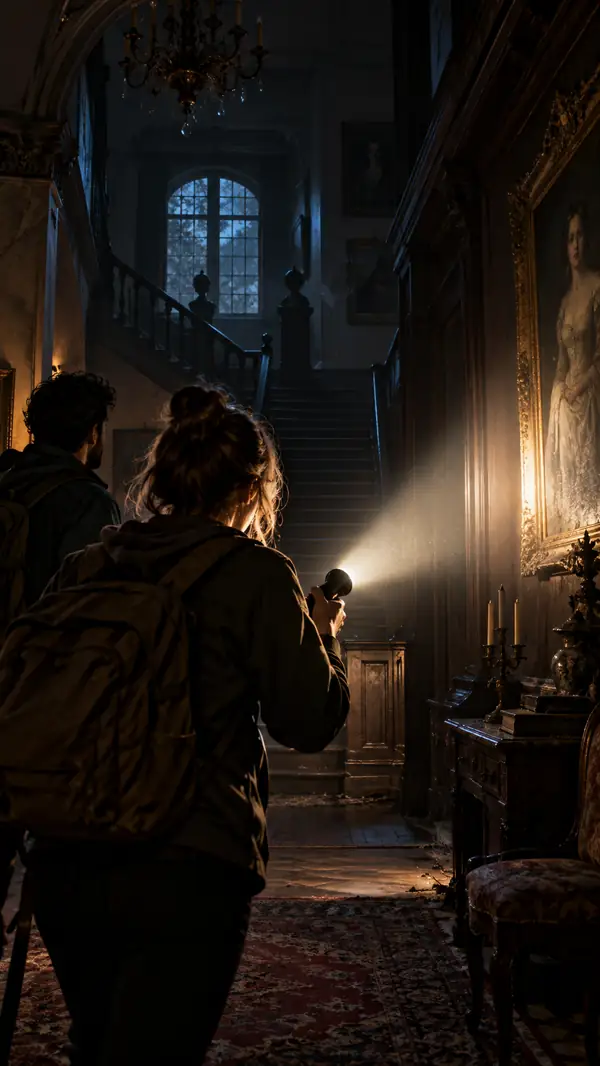 Characters exploring a mysterious dark house with a flashlight, cinematic vertical composition.