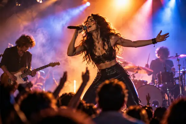 Singer and band performing beneath vivid concert lights, energetic wide performance shot.