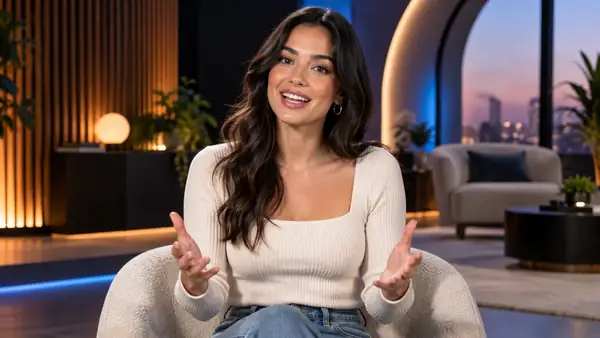 Digital presenter speaking in a modern studio with clean lighting and a confident expression.