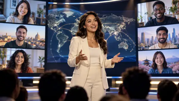 Presenter addressing a multilingual video audience in a modern studio with subtle global graphics.