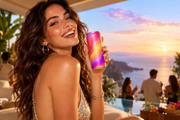 Creator presenting a colorful beverage product in a bright commercial setup, polished advertising frame.