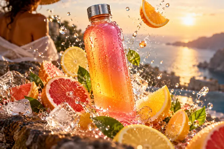 Colorful beverage bottle surrounded by citrus slices and sparkling droplets, dramatic product lighting.
