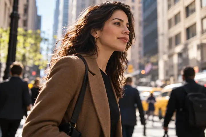 Woman moving through a busy city street in a cinematic profile shot, natural daylight.