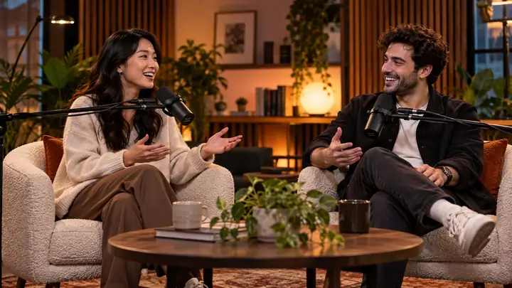 Two presenters recording a multilingual video podcast in a warm studio, wide shot.
