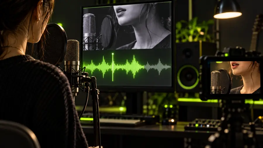 Creator practicing a lip sync performance with audio timing cues